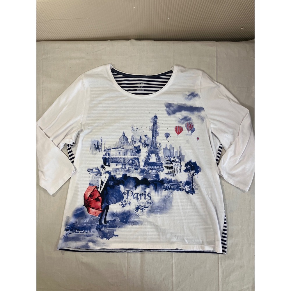 Alia Petite Large Paris Graphic T-Shirt‎ 3/4 Sleeve Striped Back White Blue PL